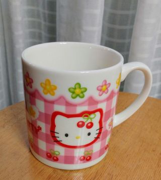 Hello Kitty Sanrio Coffee Cup Mug Pink Gingham Flowers Cherries Vintage 1998