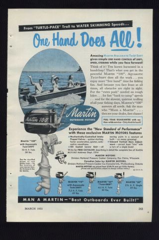 Vintage 1953 Martin " 100 " Outboard Motors Full Page Ad - All Models