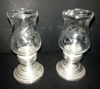 Newport Sterling Quaker Hurricane Salt Pepper Shakers Etched Glass 706 Vintage