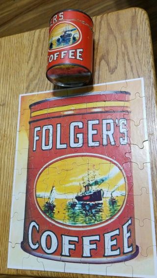 (7/25) Vtg.  Advertising Folgers Coffee Puzzle Tin Can -