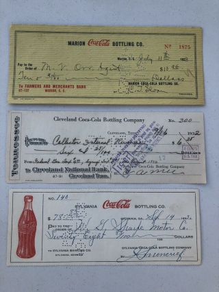 Vintage Coca - Cola Bottling Co.  Checks Three (3) Different Checks 1923 1932 1933