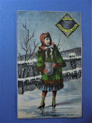 Antique Victorian Trade Card Granite Ironware Girl With Pitcher On Ice 1880