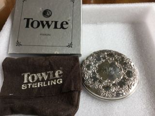 Vintage Towle Sterling Silver Compact Purse Mirror Felt Bag & Box Monogram Esm