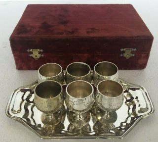 Vintage Cased Set Of 6 Chased Silver Plated Epns Miniature Goblets Egg Cups Case
