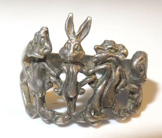 Vintage Sterling Silver Looney Tunes Bugs Bunny Sylvester Tweety Ring Size 8 2