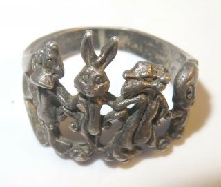 Vintage Sterling Silver Looney Tunes Bugs Bunny Sylvester Tweety Ring Size 8 5