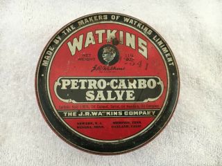 Vintage Watkins Petro Carbo Salve Tin Can Sign Oakland Cal Ca Liniment