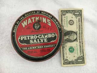 Vintage Watkins Petro Carbo Salve Tin Can Sign Oakland CAL CA Liniment 4