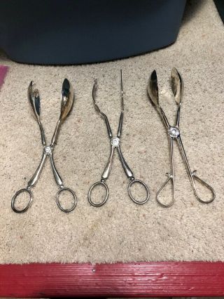 3 Vintage To Antique Silver Plated Scissor Salad Tongs