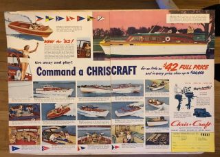 Print Ad 1951 Chris - Craft Boats Boat 47 - Ft Buccaneer Holiday 1952 2 Pg