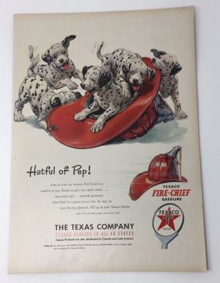 Print Ad 1951 Vintage Texaco Fire Chief Hat Dalmatian Puppies L2