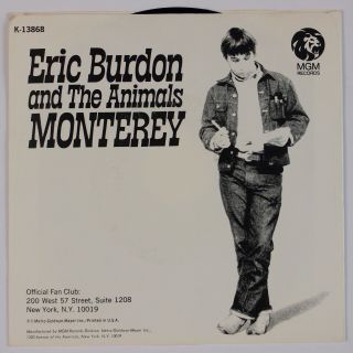 Eric Burdon & The Animals: Monterey Usa Mgm Rock 45 W/ Ps Rare Vg,