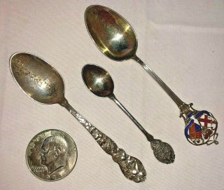 (3) Antique Sterling Silver Enamel Souvenir Spoons Salaman Turner Gorham 52.  1g