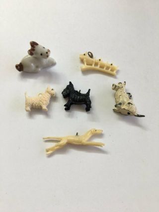 Vtg Celluloid Metal Porcelain Cracker Jack Charms Dogs Japan Set Of 6