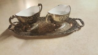Vintage Miniature Silver Plated Serving Tray With Creamer And Sugar Bowl