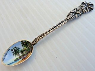 " Grand Bahama " Sterling Souvenir Spoon W/ Enamel Scene Of Beach & Palm Trees