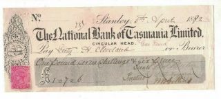 1892 Australia The National Bank Of Tasmania Heritage Bank Cheque