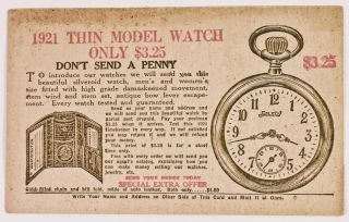 Antique 1921 Silveroid Watch Coupon Old Paper Advertising Postcard Give Away U.  S