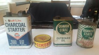4 Old Auto Theme Cans,  Quaker State (2),  Simoniz Wax,  Gulf Lite Starter