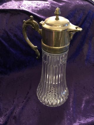 Glass Pitcher,  Antique,  Vintage With Silver Plated Top And Handle And Ice Insert