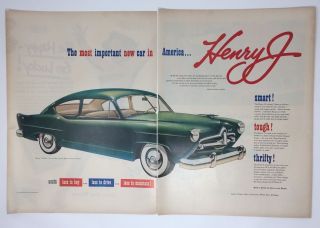 Print Ad 1950 Henry J Kaiser Frazer 2 Page Vintage Art Auto Car