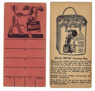 2 Soda Score Cards With Dog Holding Drink Moxie Sign & The Six Bottle Carry Bag