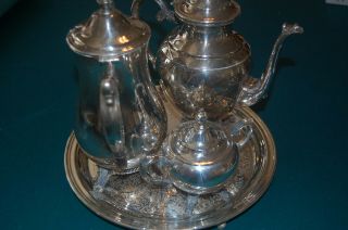 WM ROGERS SILVER TEA COFFEE CREAMER SET WITH 4 - FOOTED TRAY 5