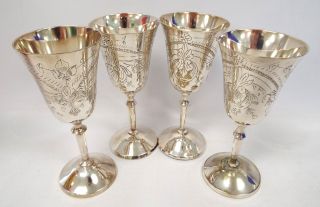 Set Of 4 X Vintage Stemmed Flutes Silver Plated With Etched Floral Design - G20
