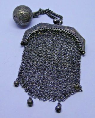 Antique Silver White Metal Silver Plated Chain Mail Purse With Ball And Chain