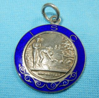 1921 Antique Silver Pocket Watch Fob Medal Swimming 1/4 Mile - 8.  7 Grams