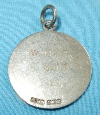 1921 ANTIQUE SILVER POCKET WATCH FOB MEDAL SWIMMING 1/4 MILE - 8.  7 Grams 2
