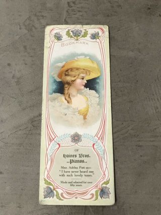 Victorian Trade Card Haines Bros Pianos Bookmark Litho Victorian Lady Yellow - S