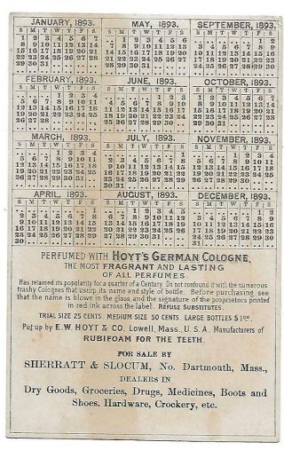 HOYT ' S GERMAN COLOGNE 1893 CALENDAR VICTORIAN TRADE CARD NO.  DARTMOUTH MASS. 2