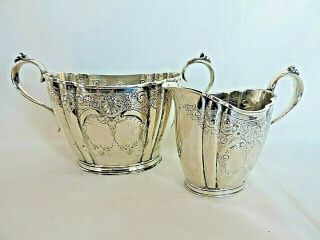 Antique Silver Sugar Bowl & Milk Jug Ornately Decorated Silver Plate C.  1870 