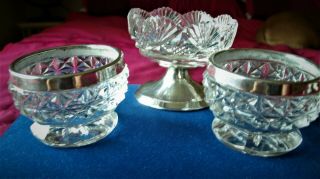 1920s Sterling Silver & Diamond Cross Cut Glass Table Salts