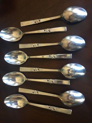 8 Vintage 1948 Morning Star Floral Soup Spoons Silver Plate Oneida Comunity