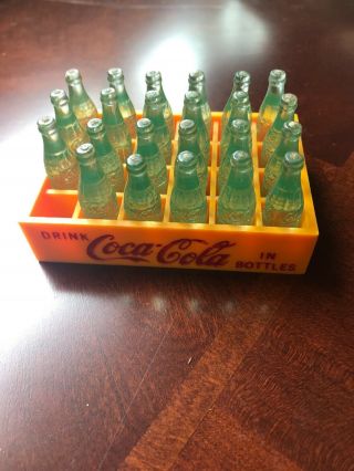 Vintage Miniature Coca Cola Mini Coke Bottles in Yellow Plastic Crate 3