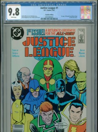 1987 Dc Justice League 1 $1.  00 Canadian Price Variant Cgc 9.  8 White Box9