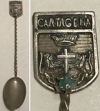 Vintage.  900 Silver Spoon Cartagena Spain Coat Of Arms W/aqua Sea Glass Handle
