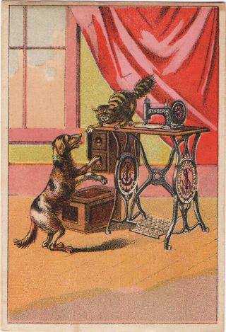 Antique Singer Sewing Machine Trade Card – Cat And Dog