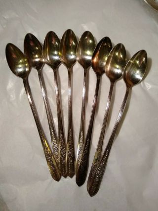 Eight Ice Tea Spoons Nobility Silver Plate Royal Rose Oneida