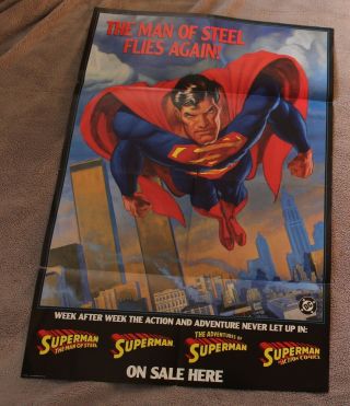 Superman Flies Again 1991 Bogdanov Action Wtc Twin Towers Dc Promo Poster Vf