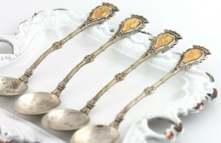 Vintage Silver Demitasse Spoons Set Of 4 With Gold Crest Ornate Handle Italian