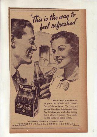 1940 Newspaper Ad For Coca - Cola - Right Way To Feel Refreshed,  Couple & Cokes