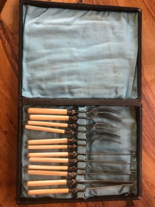 Antique Silver And Bone Fish Forks Set For 5