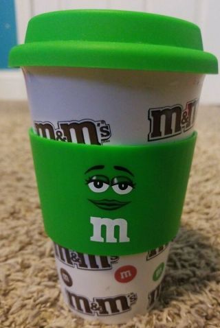 M&m’s Candy Green Ceramic 16 Oz.  Travel Mug Tumbler Coffee Cup Silicone Lid 2016
