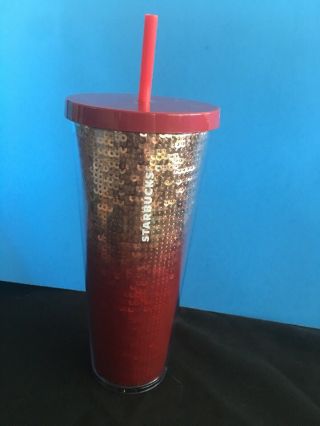Starbucks Holiday 2018 Red And Gold Sequin Ombre Tumbler 24 Oz Venti Cold Cup