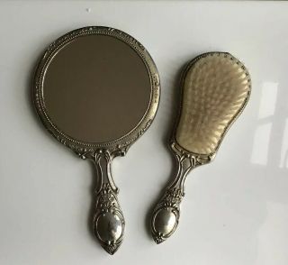 Vintage Hairbrush And Hand Mirror Set Possibly Silver Plated 1950’s Art Nouveau