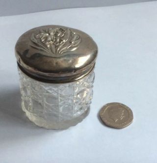 Antique Hallmarked 1904 Solid Silver Topped Cut Glass Pot / Jar.