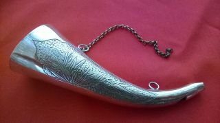 Antique Miniature Harking Horn Whistle With Chain Silver Plated On Copper 12cm